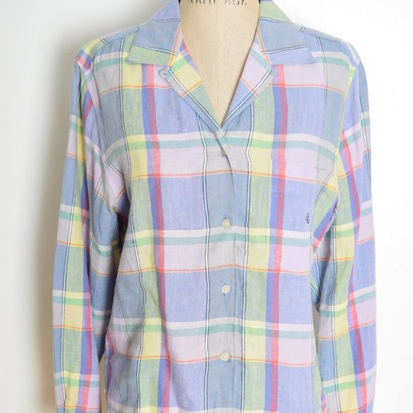 vintage 90s top Ralph Lauren linen pastel plaid button up shirt blouse M - Picture 2 of 7